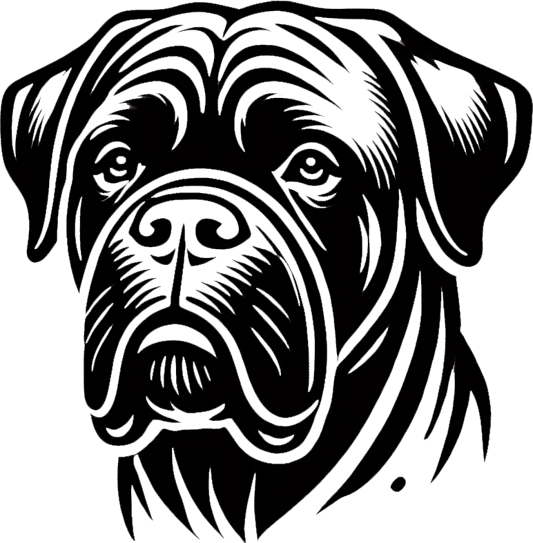 A_black_and_white_stylized_line_drawing_of_a_bullmastiff