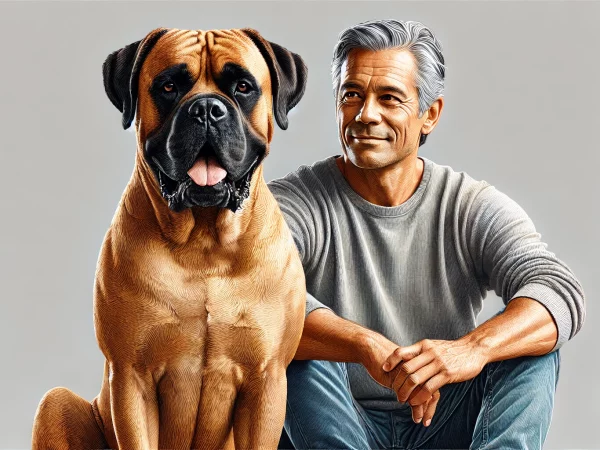 DALL·E 2024-08-06 20.40.50 - A detailed and realistic image of a Bullmastiff dog sitting beside its owner. The Bullmastiff has a strong, muscular build with a fawn coat, looking c